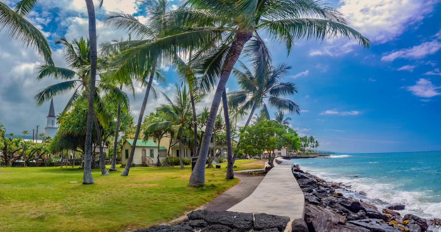 Kailua-Kona coastline at golden hour on the Big Island of Hawaii